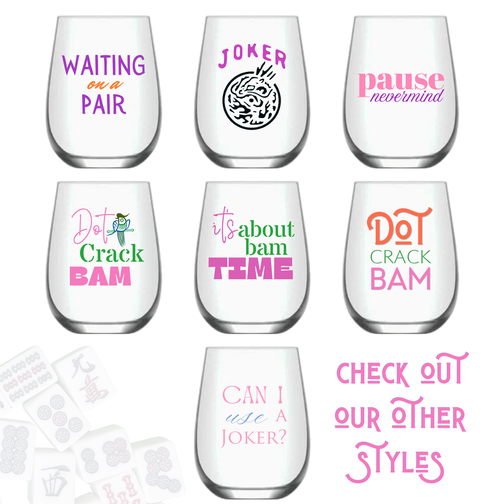 Mahjong Stemless 4 ct Set Wine Glasses "Dot Crack Bam"