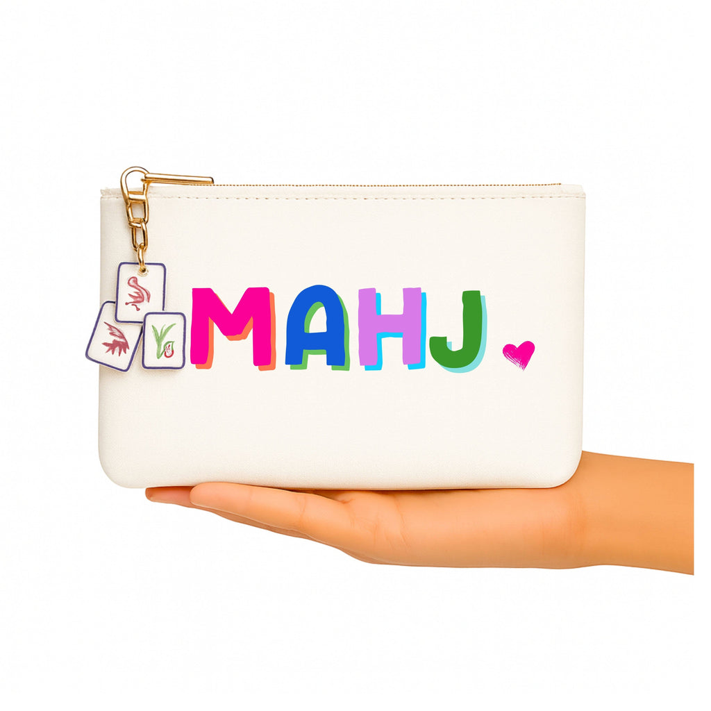 Mahjong Cosmetic Bag | Canvas Watercolor Mahjong Zip Pouch | Preppy Mahjong Accessories for Women