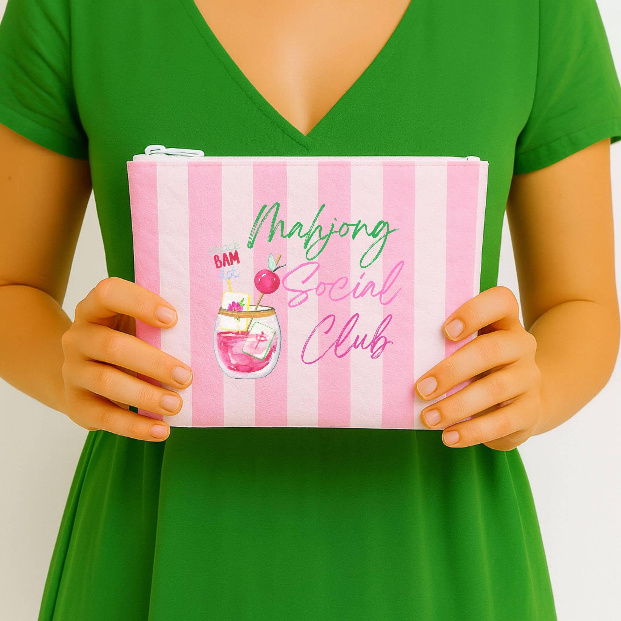 Mahjong Gift Pouch | Pink Stripe Watercolor Mahjong Zipper Bag | Preppy Mahjong Gift for Women