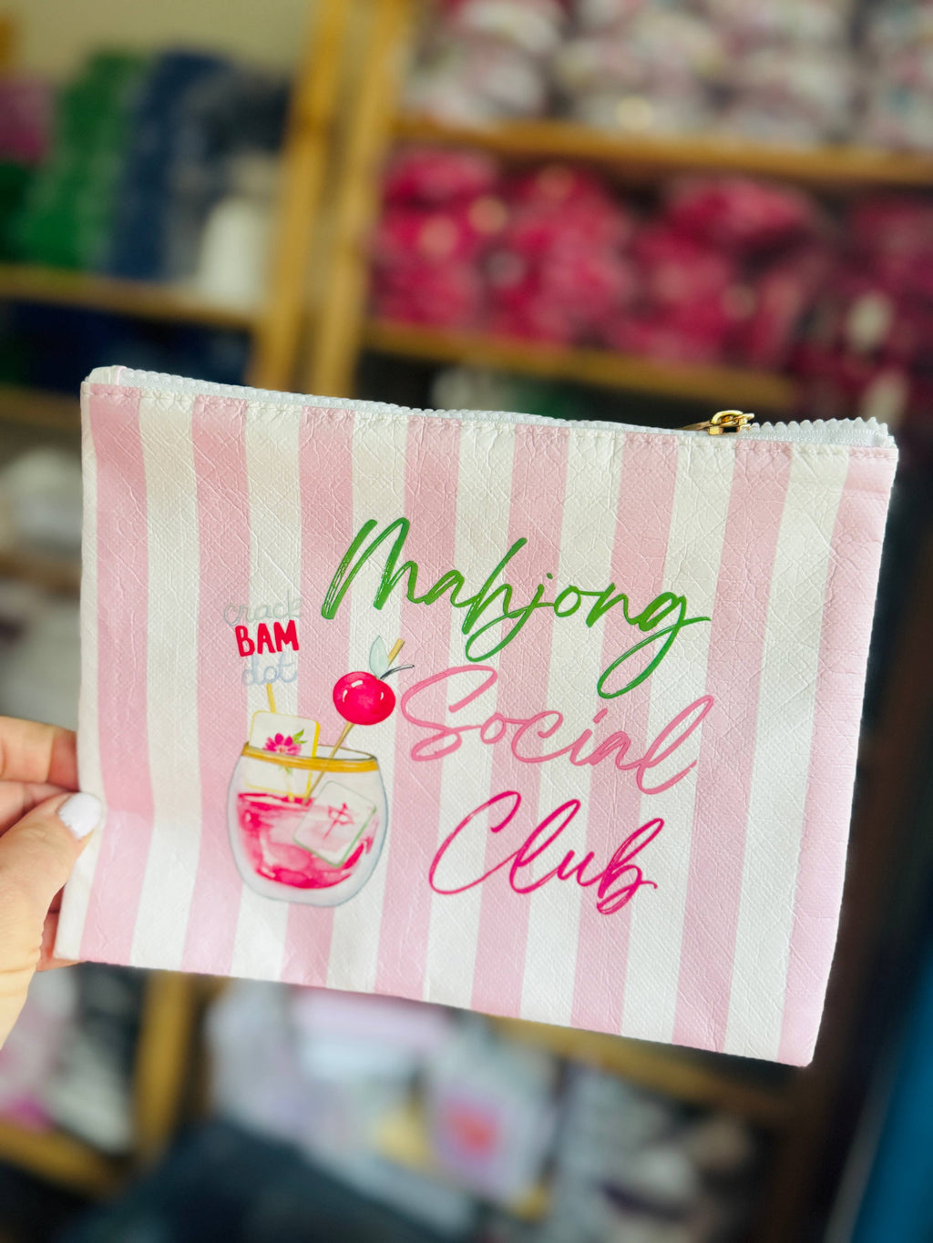 Mahjong Gift Pouch | Pink Stripe Watercolor Mahjong Zipper Bag | Preppy Mahjong Gift for Women