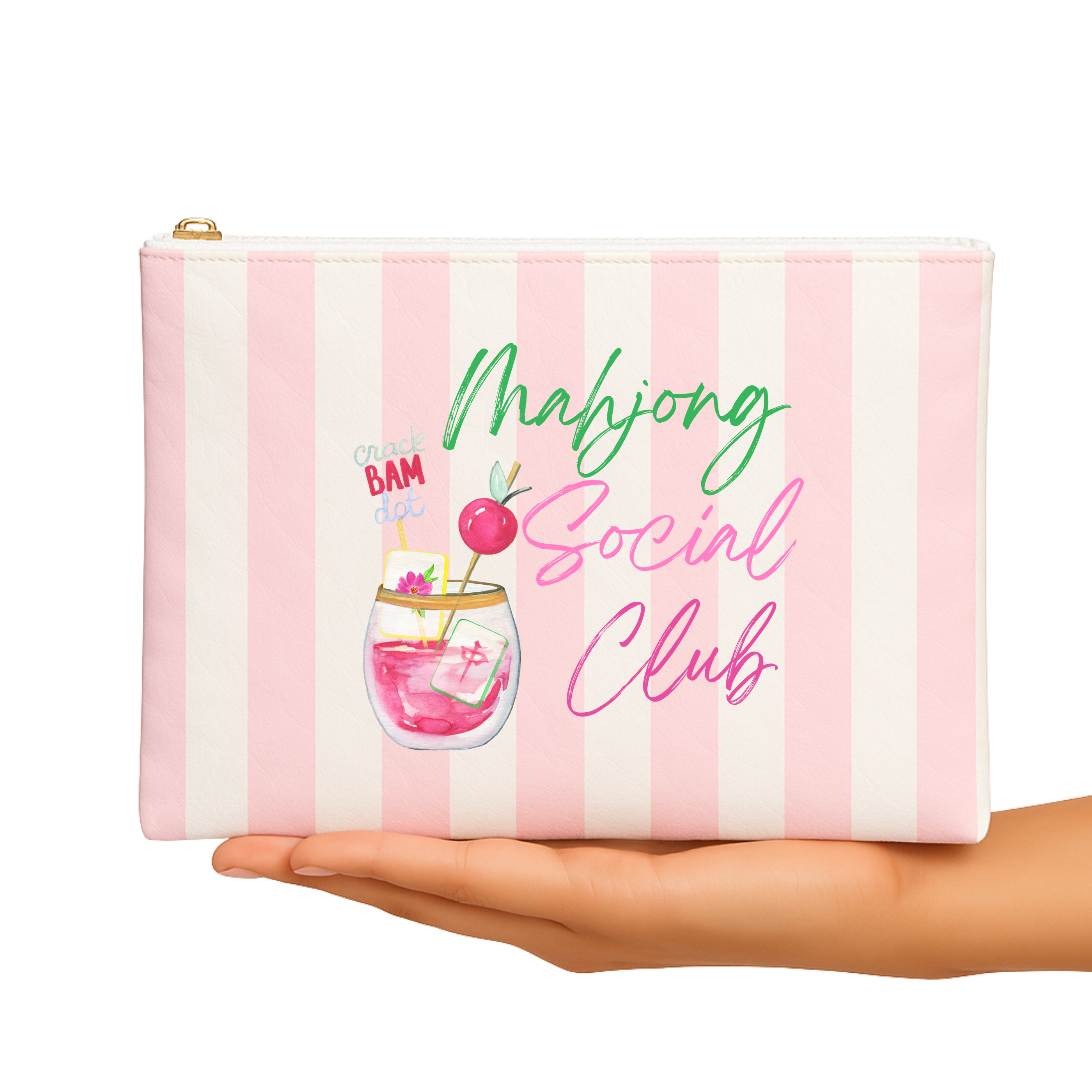 Mahjong Gift Pouch | Pink Stripe Watercolor Mahjong Zipper Bag | Preppy Mahjong Gift for Women