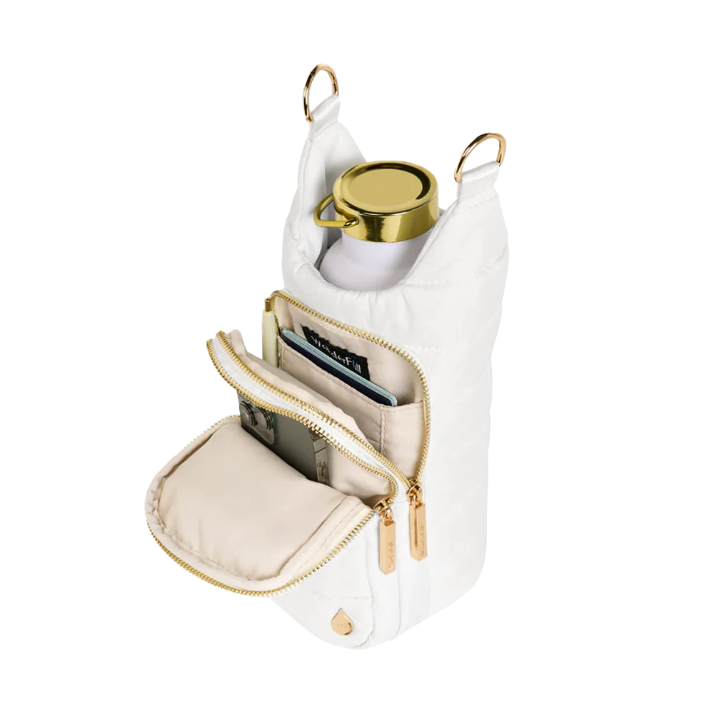 WanderFull HydroBag® Tennis Puffer Water Bottle Bag | White with Tennis Embroidery | Hands-Free Crossbody