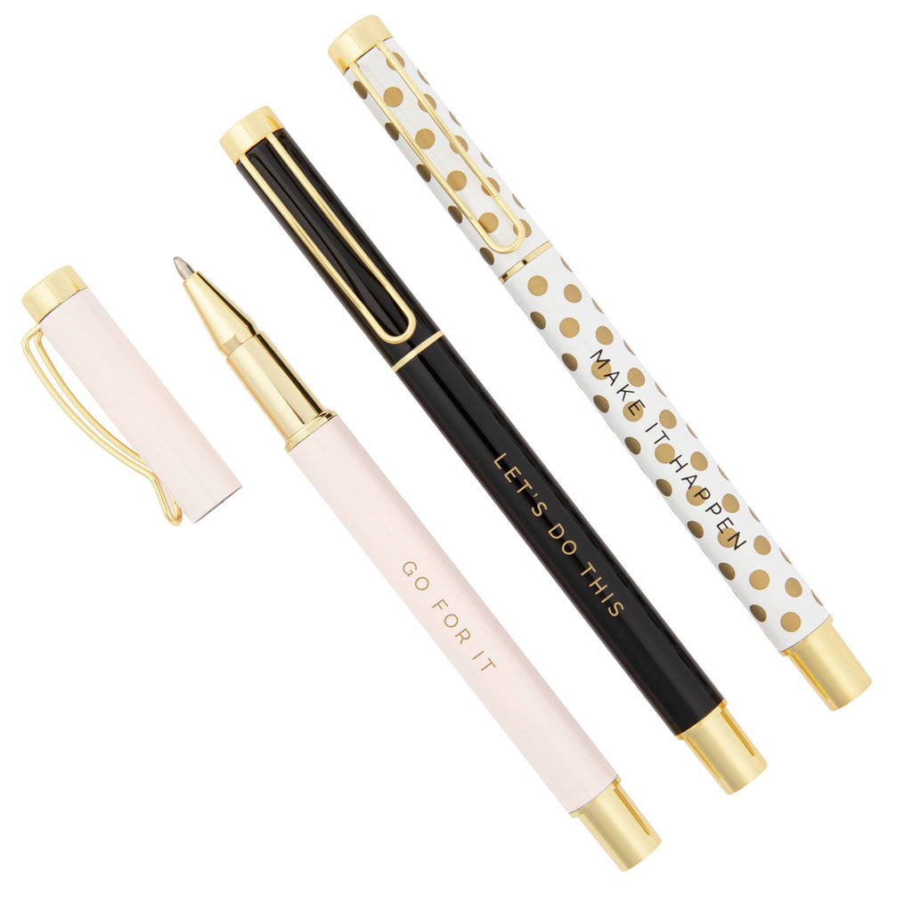Inspirational Pen Set for Women | 3-Piece Motivational Ballpoint Pens | Boss Lady Office Gift
