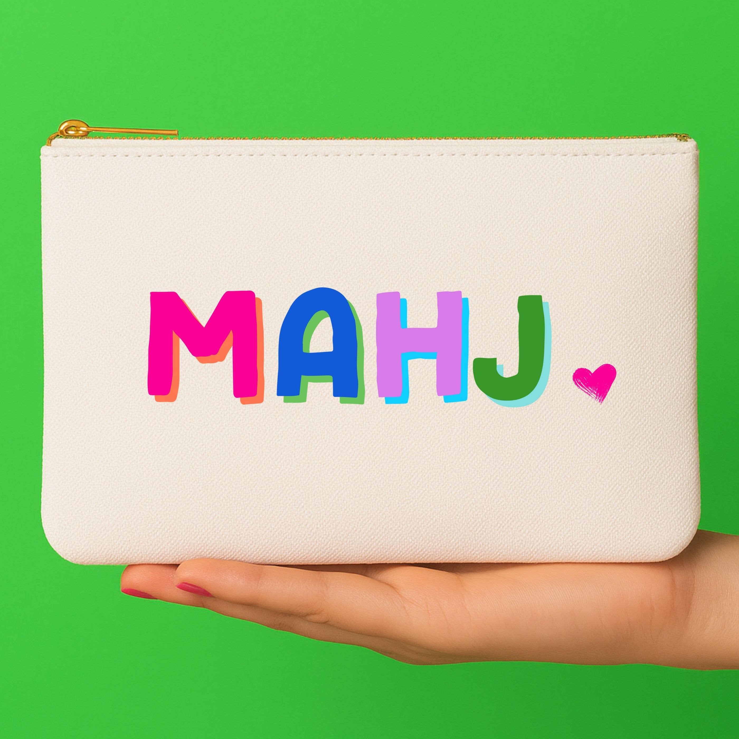 Mahjong Cosmetic Bag | Canvas Watercolor Mahjong Zip Pouch | Preppy Mahjong Accessories for Women