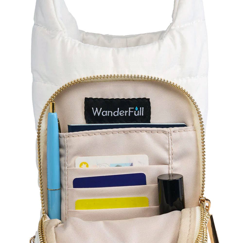 WanderFull HydroBag® Tennis Puffer Water Bottle Bag | White with Tennis Embroidery | Hands-Free Crossbody